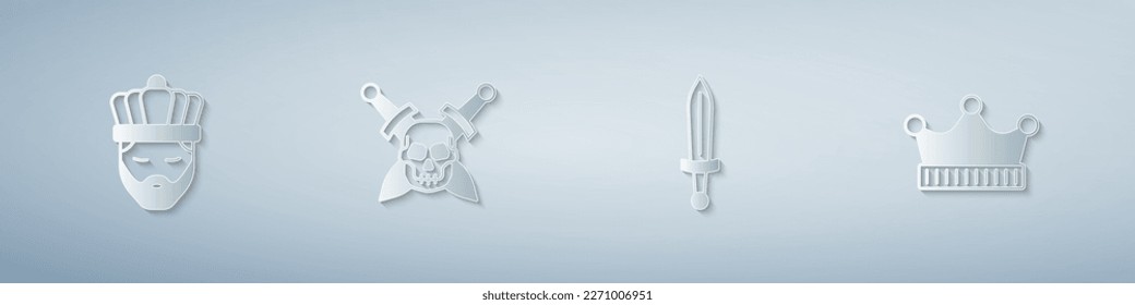 Poner Rey con corona, espada de cráneo, medieval y . Estilo de arte de papel. Vector