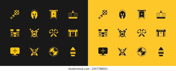 Set King crown, Skull with sword, Crossed battle hammers, Round shield, Shield swords, Medieval flag, Mace spikes and helmet icon. Vector
