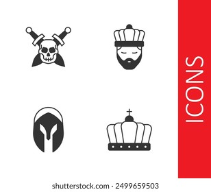 Conjunto Corona del rey, calavera con espada, casco medieval e icono. Vector