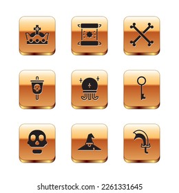 Set King Kronen, Skull, Hexenhut, Zauberkugel, Piratenflagge, Menschenknochen überquert, Schwert für Spiel und Dekret, Pergament, Bildlaufsymbol. Vektorgrafik