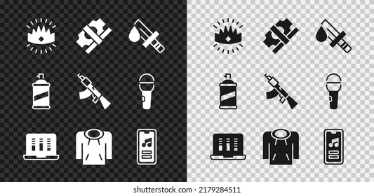 Fijar la corona King, Pila dinero de papel, cuchillo Sangriento, grabadora de sonido o audio, Hoodie, reproductor de música, lata de spray de pintura e icono de metralleta submáquina. Vector