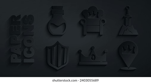 Set King crown, Sword the stone, Shield, Location king, Medieval throne and Poison bottle icon. Vector