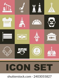 Set King crown, Tin can with caviar, Joseph Stalin, Chess, The Tsar bell, USSR t-shirt, Oil pump or pump jack and Dumpling icon. Vector