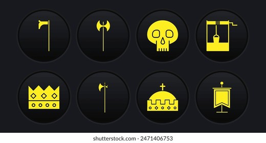 Set King crown, Well with bucket, Medieval halberd, Skull, axe, flag and  icon. Vector