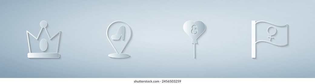 Set King crown, Woman shoe, Balloons with 8 March and Feminist activist. Paper art style. Vector