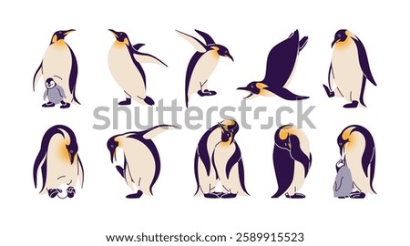 Set of King penguins having fun. Mother polar bird cares, hatches egg, feeds baby. Cute couple, family of north animals loves, cuddle together. Flat isolated vector illustrations on white background