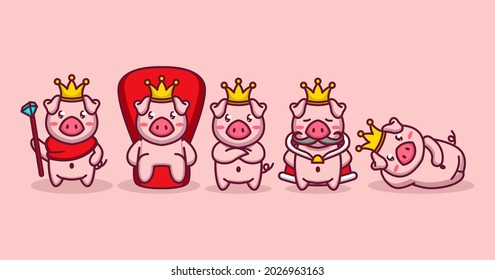 Set of King pig in glorious pose mascot design