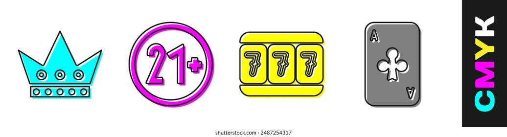 Set King playing card, 21 plus, Slot machine with lucky sevens and Playing card with clubs icon. Vector