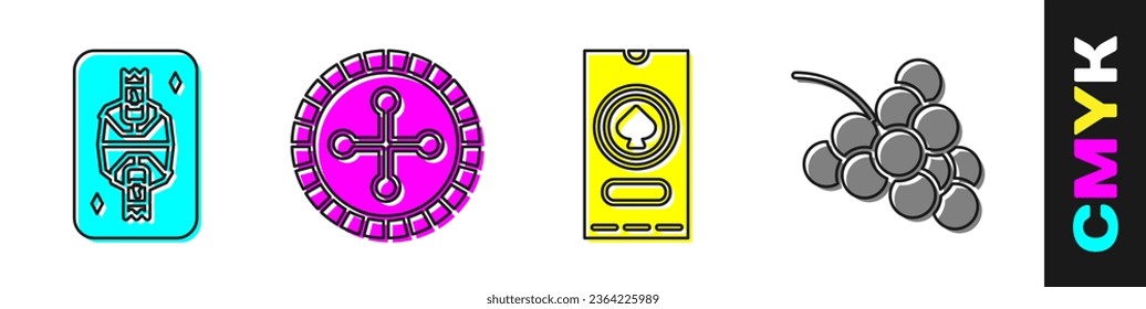 Set King playing card with diamonds, Casino roulette wheel, Casino poker tournament invitation and Casino slot machine with grape icon. Vector