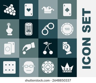 Set King playing card, Hand holding cards, Casino chips, Joker, poker tournament invitation, casino, slot machine with grape and Handcuffs icon. Vector