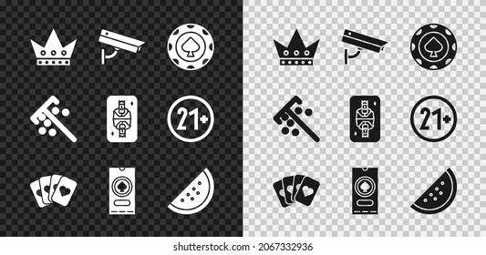 Set King playing card, Security camera, Casino chips, Deck of cards, poker tournament invitation, slot machine with watermelon, Stick for and diamonds icon. Vector