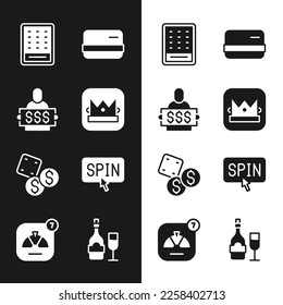 Set King playing card, Winner holding prize ticket, Lottery, Credit, Game dice, Slot machine spin button, Champagne bottle with glass and Lucky wheel icon. Vector