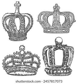 Set of King or Queen crowns on in vintage etching style. Coronation headdress for king and queen. Royal noble aristocrat monarchy jewel crowns. Monarch jewels treasure symbol. Hand drawing vector.