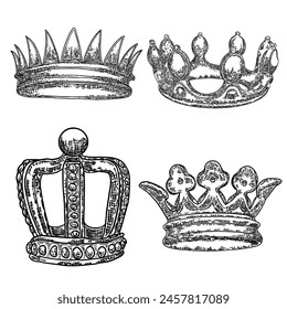 Set of King or Queen crowns on in vintage etching style. Coronation headdress for king and queen. Royal noble aristocrat monarchy jewel crowns. Monarch jewels treasure symbol. Hand drawing vector.