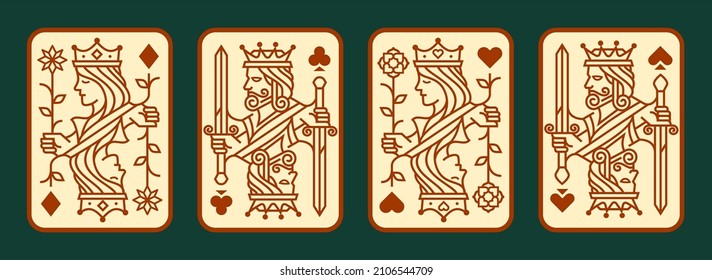 Set Of King And Queen Playing Card Vector Illustration Set Of Hearts, Spade, Diamond And Club, Royal Cards Design Collection