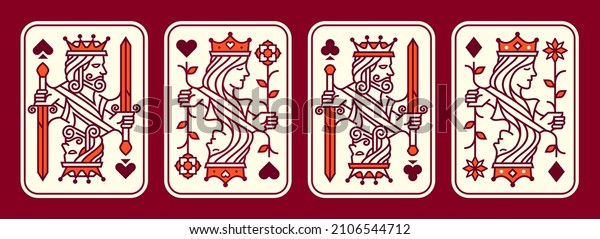set of King and queen playing card vector\
illustration set of hearts, Spade, Diamond and Club, Royal cards\
design collection
