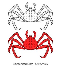 Set of king red crab icons isolated on white  background. Seafood. Design elements for logo, label, emblem, sign, brand mark. Vector illustration.