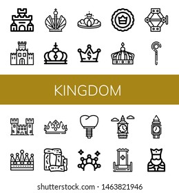 Set of kingdom icons such as Fortress, Fortification, Crown, Jack, Sceptre, Stonehenge, Big ben, Throne, Clock tower, King , kingdom