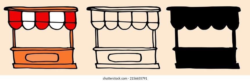 un conjunto de mostradores de quiosco al estilo doodle. Los kioskos están colocados en las variantes de un mercado de productos alimenticios al estilo de un doodle, un mostrador de madera con un toldo de rayas rojas y blancas y una cartelera, aislado 