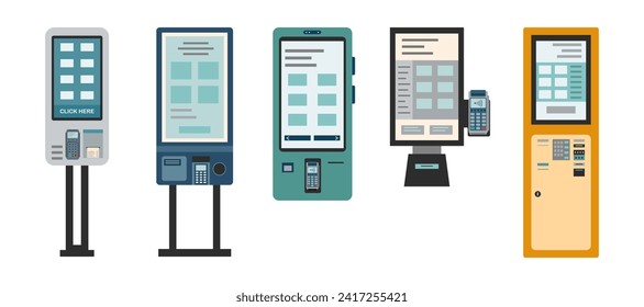 Set of kiosks for self-odering and self payment. Interactive kiosks in flat style isolated on white.