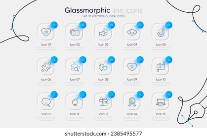 Set of Kiss me, Balloon dart and Fish line icons for web app. Map, Ice cream, Discount medal icons. Smile chat, Puzzle, Surprise package signs. Love tickets, Search puzzle, Candy. Vector