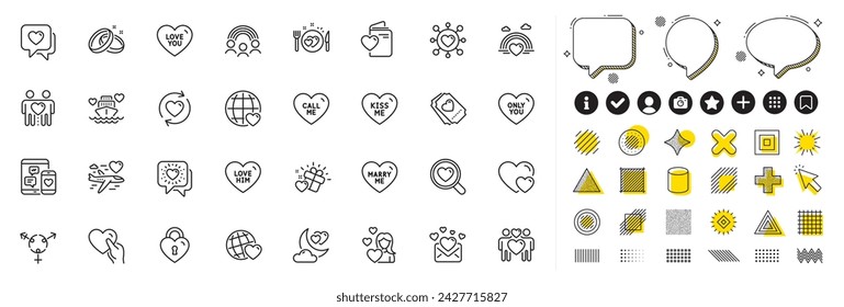 Set of Kiss me, Marry me and Love lock line icons for web app. Design elements, Social media icons. Love gift, Dating, Lgbt icons. Romantic dinner, Heart, Honeymoon travel signs. Vector