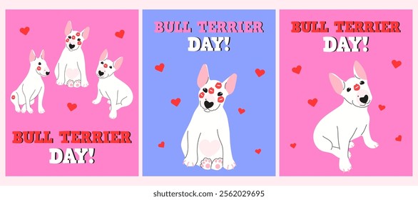 Set with kissed Bull terrier day cards. Flat vector illustrations.