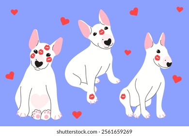 Set with kissed bull terrier in different positions. Flat vector illustration.