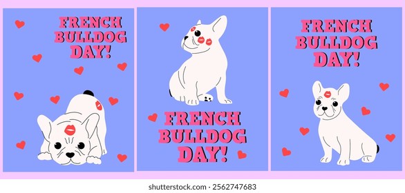 Set with kissed French bulldog day cards. Flat vector illustrations.