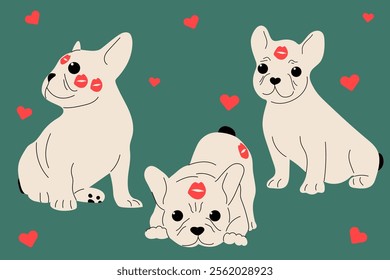 Set with kissed French bulldog in different positions. Flat vector illustration.