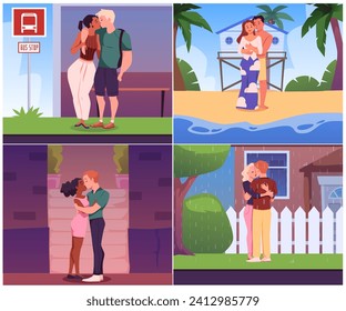 Conjunto de parejas de besos en diferentes lugares estilo plano, ilustración vectorial aislada en fondo blanco. La gente feliz ama y disfruta, las relaciones y emociones, el romance