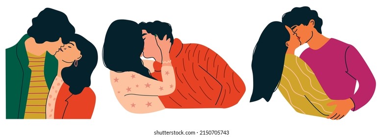 A set of kissing couples, isolated on white background. Men and women hugging and kissing, a concept of loving relationship. Teenage romantic love. 