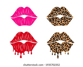 Set of kissing lips with leopard print isolated on a white background for poster or banner. Vector illustration. 