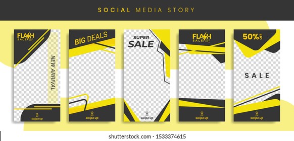 Set kit Bundle of Social Media Banners Stories Sale Banner Background, Gradient Transparent Poster, Flyer, Flash, Coupon, Gift Card, Swipe up Template, Abstract Modern Yellow Black. eps10 editable