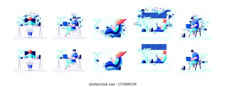 Set kit collection blogger freelancer sit at table armchair window work laptop online meeting conference training customer service business from home video interview virtual recruiting social distance