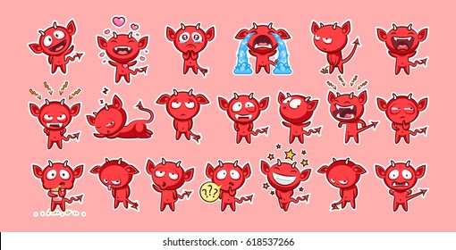 Set kit collection sticker emoji emoticon emotion vector isolated illustration happy character sweet hellish entity cute horned devil, evil spirit, devilry, impure force pink background for mobile app