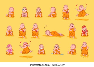 Set kit collection sticker emoji emoticon emotion vector isolated illustration happy character sweet cute little Buddha Buddhist monk wearing of saffron color kashaya yellow background for mobile app