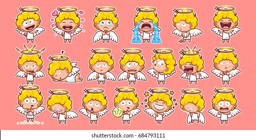 Set kit collection sticker emoji emoticon emotion vector isolated illustration happy character sweet divine entity cute heavenly angel, saint spirit, wings, radiant halo pink background for mobile app