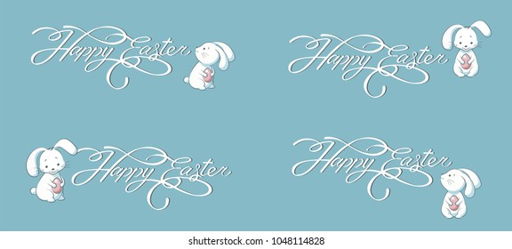 Set kit collection vector banner inscription hand lettering calligraphy typography Happy Easter bunny, rabbit, hare, lapin holding colored Easter egg, spring decoration element design blue background