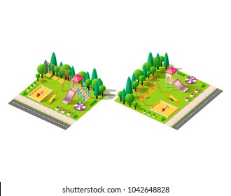 Set kit collection vector illustration isolated isometric left right view children playground, swings, slide, jungle gym, carousel, seesaw, sandbox town urban infrastructure element white background