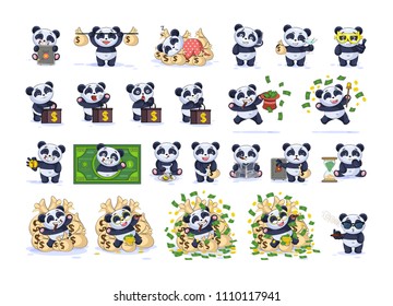 Set kit collection Vector Illustration isolated money economy business cryptocurrency Bitcoin earning income benefit profit Emoji character cartoon panda bamboo bear Chinese symbol sticker emoticon