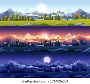 Set kit collection vector illustration horizontal background mountain view landscape flat style outdoor night day sunset sunrise trees nature sunlight stars big full moon scenery scene motion design