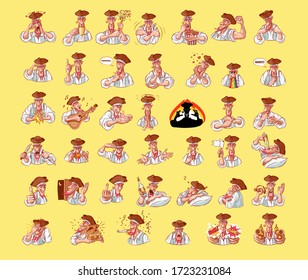 Set kit collection vector illustration cartoon emoticon character pirate sea robber filibuster Gentlemen of fortune cartoon emoji sticker captain mascot with different emotions