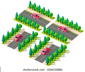 Set kit collection vector isolated isometric front, back left right view red passenger car, sedan on road, city urban infrastructure element logistics, transportation, travel, trip white background