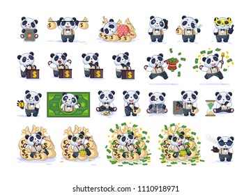 Set kit collection Vector isolated money economy cryptocurrency Bitcoin earnings income benefit profit Emoji character cartoon panda cub bamboo bear Chinese symbol in business suit stickers emoticons