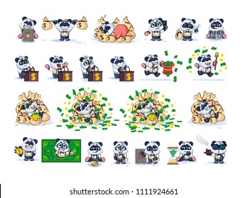 Set kit collection Vector isolated money economy cryptocurrency Bitcoin earnings income benefit profit Emoji character cartoon panda cub bamboo bear Chinese symbol in business suit stickers emoticons