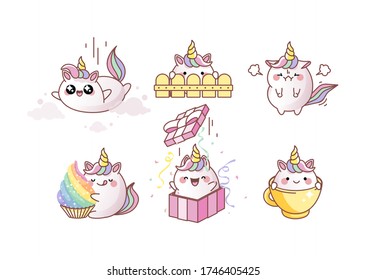 Set kit collection vector isolated illustration cute unicorn kawaii cartoon style Emoji character sticker emoticon smile emotion mascot flies happiness peeps fence angry cupcake dessert gift box cup