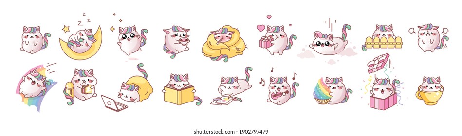 Set kit collection vector isolated illustration cute Cat Kitty kitten kawaii chibi style Emoji character sticker emoticon smile emotion mascot sleep enjoy laptop lunch dinner coffee break rainbow