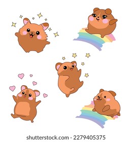 Set kit collection vector isolated illustration cute cartoon hamsters kawaii chibi style Emoji character sticker emoticon smile emotion mascot sleep rainbow