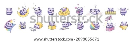 Set kit collection vector isolated illustration cute Logo Panda cub kawaii chibi style Emoji character sticker emoticon smile emotion mascot sleep enjoy laptop lunch dinner coffee break rainbow